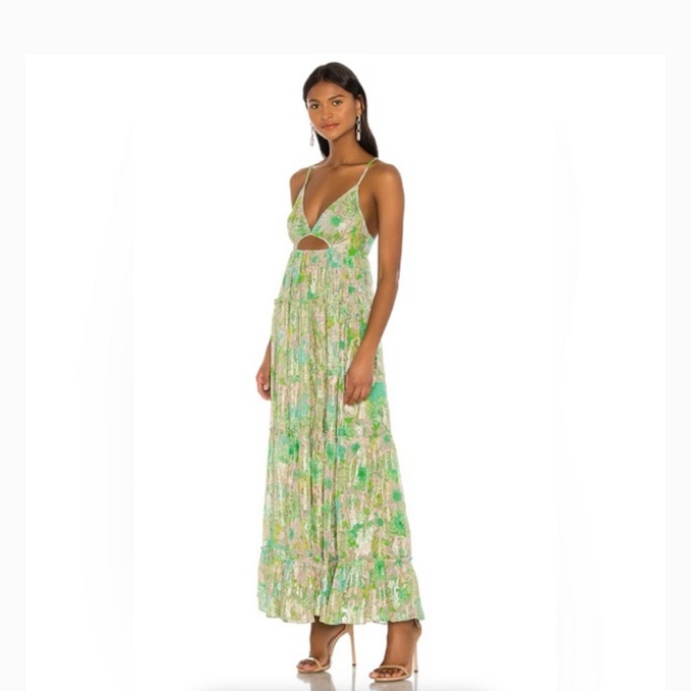HEMANT & NANDITA Green Floral Maxi Dress with Cutout